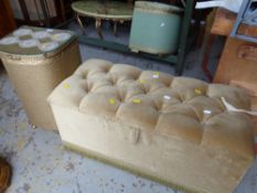 A glass topped half-moon Lloyd Loom linen basket and a buttoned upholstered ottoman