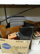 A box containing a pair of riding boots, a Roberts radio and a T-square etc