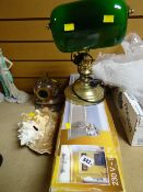 A boxed 3-spot ceiling light, a brass and green shade desk lamp, a small brass diving helmet etc