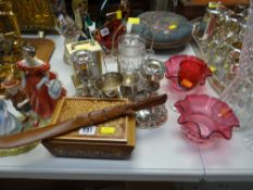 A needlework circular footstool, a musical cigarette box, a parcel of EPNS including candlesticks,