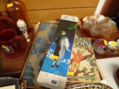 A Rupert annual, sundry pictures, a boxed doll and a tray of pottery