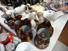 A trio of relief moulded pouch jugs, sundry copper lustre items etc