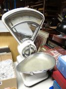 A set of late twentieth century grocers scales in pounds and ounces and with kidney shaped dish