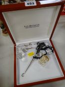 A modern jewellery box and contents including silver handled button hook and Swarovski-type