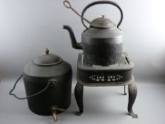 TWO ANTIQUE CAST IRON HALF POTS & a steel footman