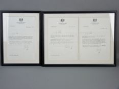 THREE FRAMED LETTERS to the late Miss Beata Brookes MEP from Prime Minister John Major, dated 28th