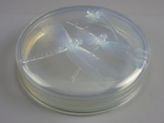 A RENÉ LALIQUE CHOCOLATE/POWDER BOX, 'Georgette' design, the circular opalescent glass with three