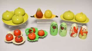 A PARCEL OF NOVELTY CARLTONWARE CRUETS including two three piece tomato cruets, fruit trio with