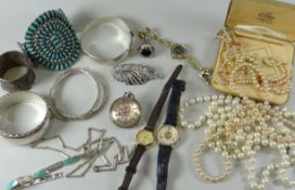 A PARCEL OF SILVER JEWELLERY, PEARLS, SILVER POCKET-WATCH ETC