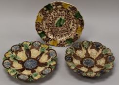 A WHIELDON WARE POTTERY PLATE & PAIR OF E BINGHAM DISHES the Whieldon plate with crimped rim and