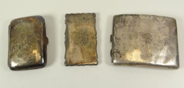 THREE SILVER CASES being a card-case with monogram and two cigarette cases, 6.2ozs total