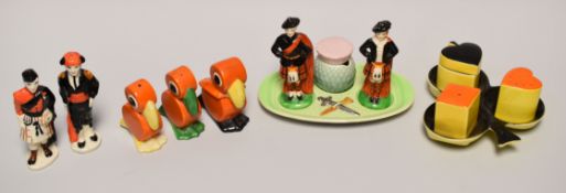THREE NOVELTY CARLTONWARE BIRD CRUETS being a three piece orange painted bird trio, a Scottish