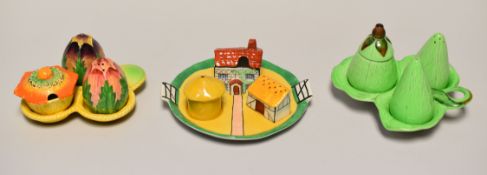 THREE NOVELTY CARLTONWARE CRUETS being a three piece farm set comprising stand with farm-gates as