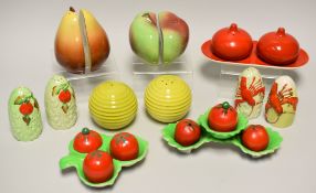 A PARCEL OF NOVELTY CARLTONWARE CRUETS including a split apple salt and pepper, split pear salt