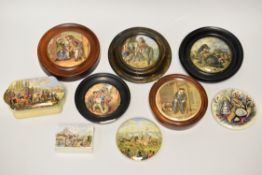 NINE ASSORTED PRATT WARE POT LIDS including the vignette with the debauched 'UNCLE TOBY' another