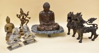 A PARCEL OF ORIENTAL ORNAMENTS including a pair of metalware fu-dog censers, pair of soapstone
