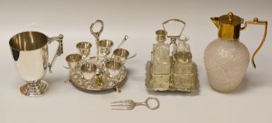 AN EPNS PARCEL OF EGG CADDY, CRUET SET & CUP together with a crackle glazed glass decanter and a