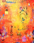 ANDREW SAFTEL (American b.1959) acrylic print on canvas - abstract lettering with buildings and