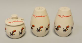 A CARLTONWARE GUINNESS ADVERTISING TRIO of salt pot, pepperette and lidded mustard-pot each in