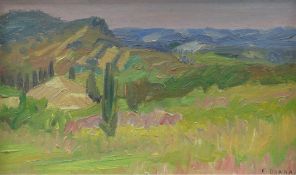 FRANCOIS DIANA oil on board - with view across valley with mountains in background entitled 'Les
