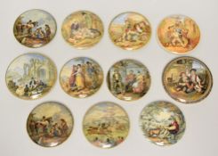 ELEVEN PRATT WARE POT LIDS each colour transferred with society vignettes including titled