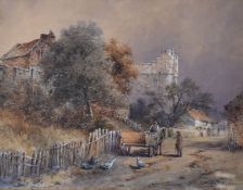 THOMAS DUDLEY watercolour - entitled 'Monk Bar, York' with figures, cart and poultry along the road,