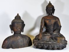 A PAIR OF LARGE METALLIC BUDDAH ORNAMENTS, 80cms high