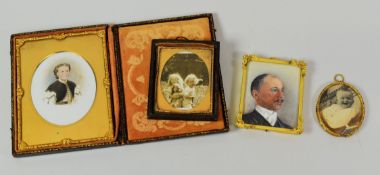 AN AMBROTYPE PHOTOGRAPH, A MINIATURE PORTRAIT & OVAL PHOTO-LOCKET ETC