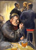 ETHEL MACMILLAN oil on board - figures in a pub with man smoking pipe, signed, 38 x 29cms