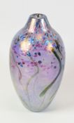 A NORMAN STUART CLARKE ART GLASS VASE with narrow neck, mottled and lustrous vegetation effect to