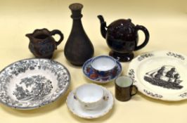 A PARCEL OF POTTERY etc including Swansea Colandine bowl, James Neale creamware nautical plate,