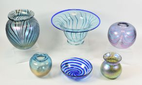 A PARCEL OF SIX ITEMS OF ART GLASS including signed pieces by Sandin and David Wallace and with