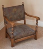 A SMALL OAK NURSING CHAIR WITH ART NOUVEAU TAPESTRY SEAT & BACK