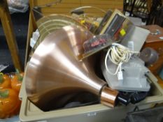 A box of mixed items including a vintage telephone, fancy mirror, lighting, boxed sports cars etc