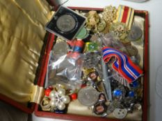 A box of mixed jewellery, coinage and medals etc