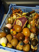 A quantity of treen eggs, needlework items etc