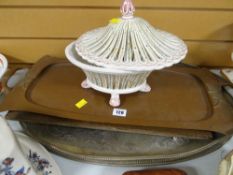 An Art Nouveau copper tray, an EPNS tray etc
