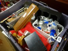 A box of thimbles, display items, needlework items etc
