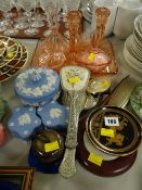 A tinted glass dressing table set, three items of Wedgwood Jasperware and sundry ornaments