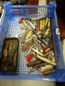 A collection of pen and fruit knives, old scissors, nutcracker etc