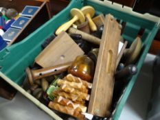 A box of wooden items, many sewing and needle relating including bobbins etc