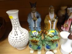 Two glazed earthenware Chinese figures, pair of small temple dogs, white pierced vase
