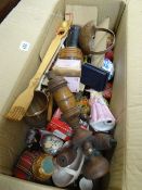 Box of sewing related items and treen etc