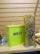 Two walking sticks, one with silver content, a brass umbrella stand and a modern enamel-type bread