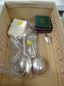 A Georgian silver teaspoon, sundry EPNS spoons and coinage including 'Festival of Britain' crowns,