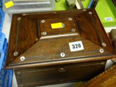 A mother-of-pearl and rosewood Victorian tea caddy and contents including Mauchline box etc