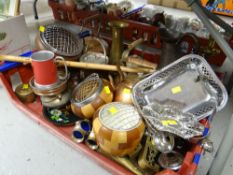 A quantity of metalware, wooden bowls etc