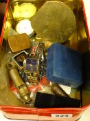 A tin of mixed collectables including whistle, pocket watch, jewellery etc