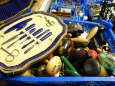A tray of needlework items, bobbins etc