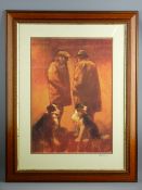 ANEURIN JONES coloured print - two farmers chatting, each with a patient seated sheepdog, signed,